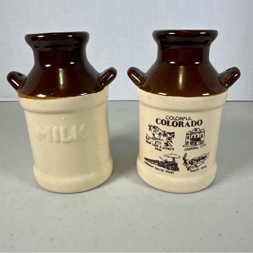 Vintage Colorful Colorado Milk Jug salt and pepper shakers. Tan And Brown.